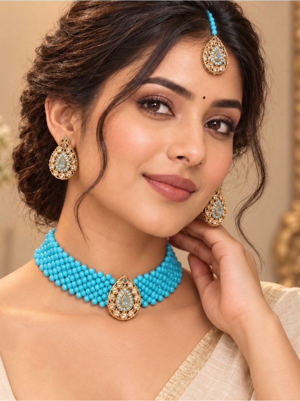 Turquoise Beaded Choker Necklace Set with Gold Teardrop Pendant - Women Jewelry